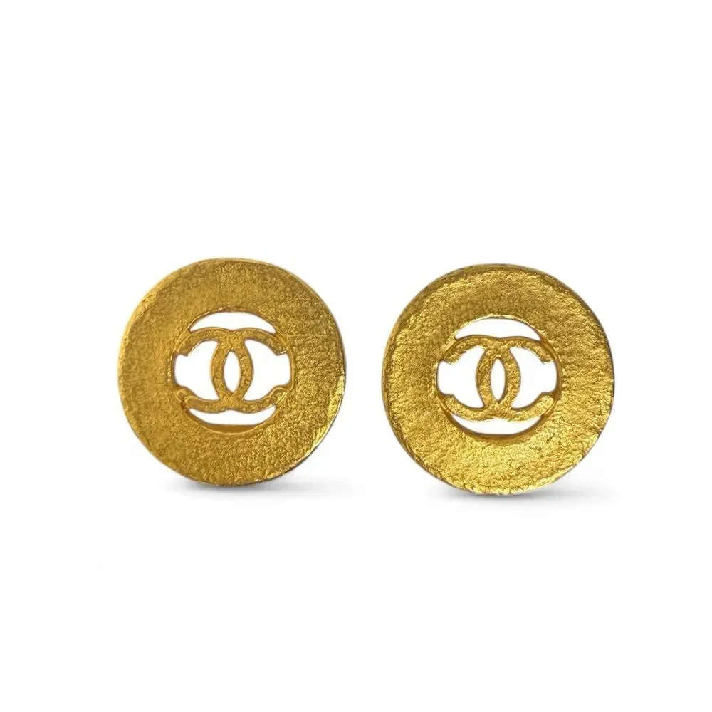 CHANEL Vintage CC Logo Gold Plated Circular Earrings